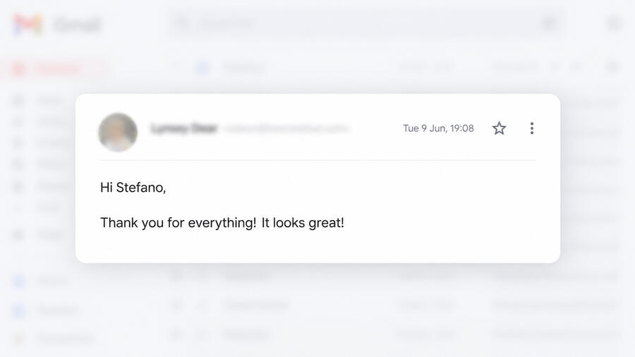 Email client feedback saying the work looks great